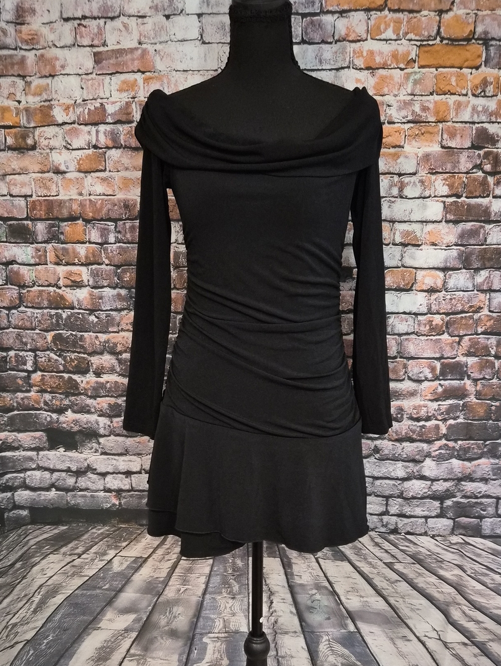 Black Off-Shoulder Long Sleeve Ruched Fit & Flare Dress